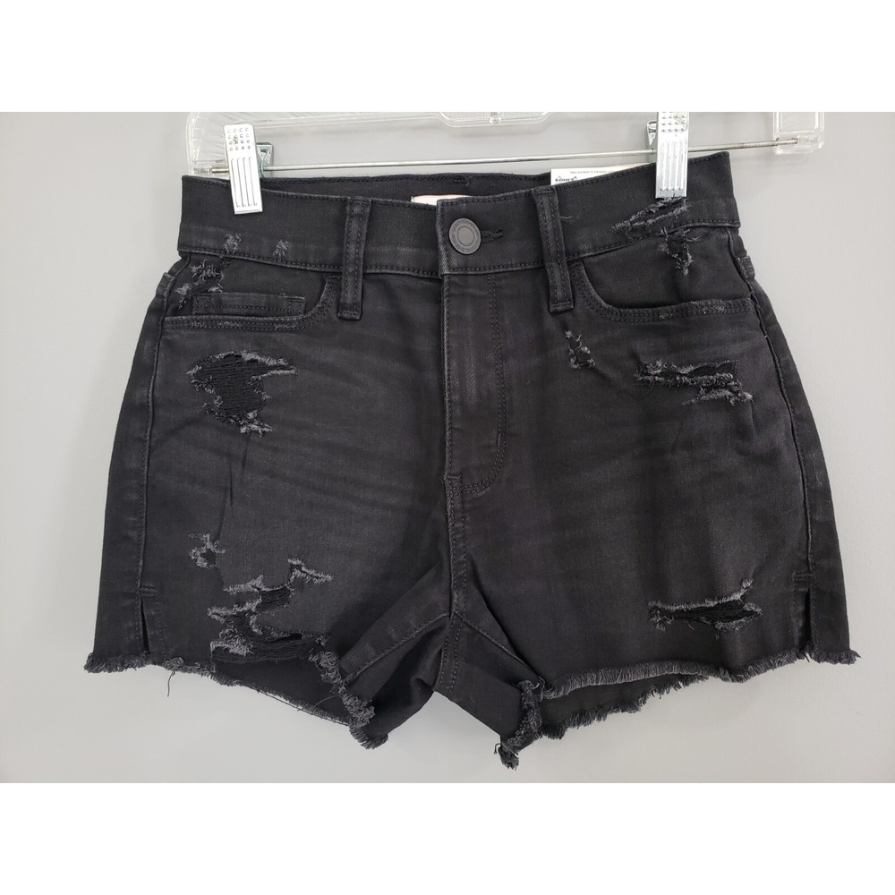 SO Black Distressed High Rise Denim Shorts Raw Hem Curvy Shortie Size 1 Waist 25